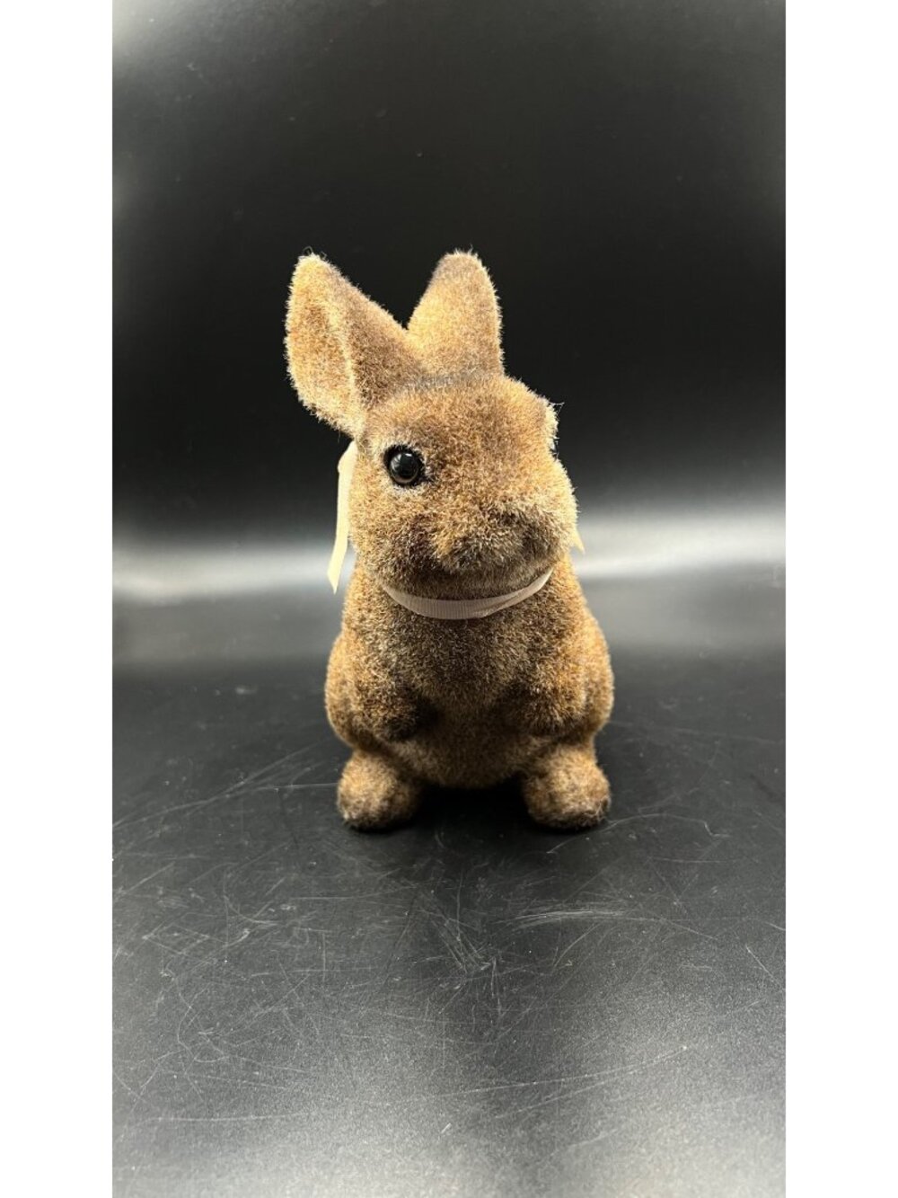Realistic Flocked Brown Rabbit Pink Ribbon Bow Glass eyes MCM Vintage Figure